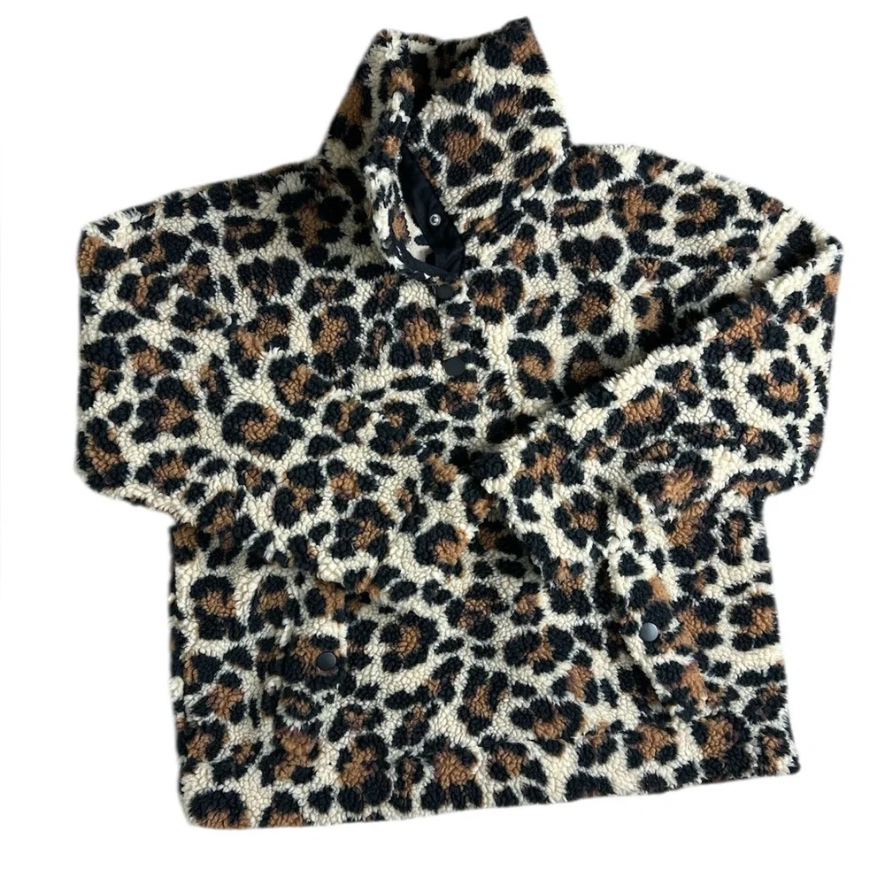 J. Crew Leopard Sherpa Snap-Front Pullover